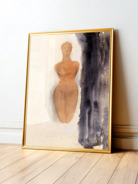 Auguste Rodin watercolor nude figure study art print featuring soft ochre tones against a dark wash background.