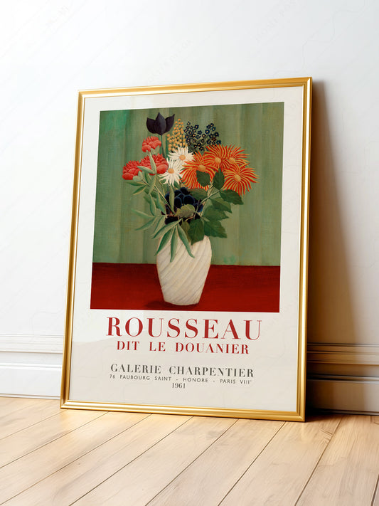 Henri Rousseau Bouquet of Flowers exhibition poster featuring colorful blooms in a white vase, vintage wall art print.