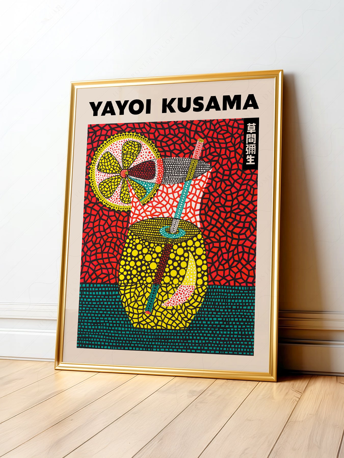 Yayoi Kusama summer cocktail art print featuring polka dot patterns and bold red mosaic background wall art.