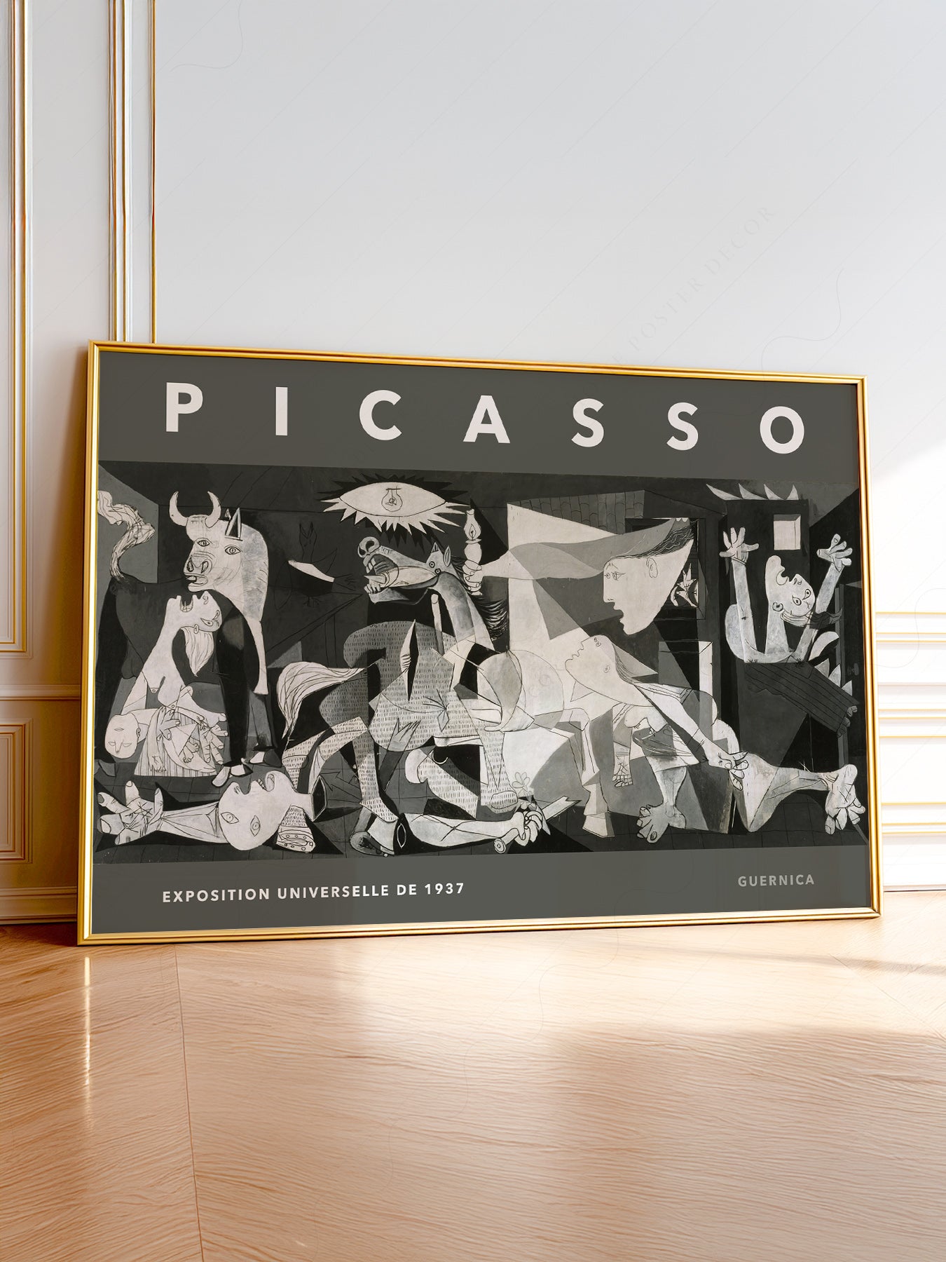 Pablo Picasso Guernica 1937 exhibition wall art poster featuring the iconic Cubist anti-war masterpiece in monochrome.