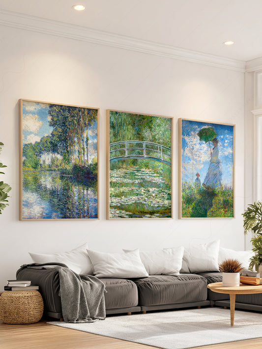 Claude Monet set of 3 art prints featuring Poplars, Water Lilies bridge, and Woman with Parasol Impressionist wall art.