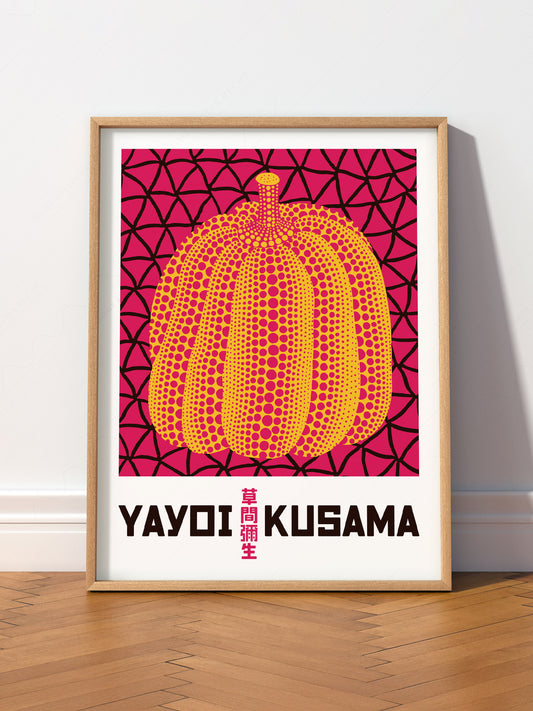 Yayoi Kusama Pumpkin wall art print displayed in a bright modern living room