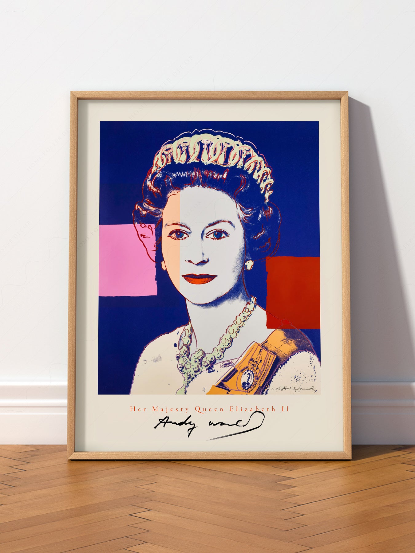 Andy Warhol Queen Elizabeth II Pop wall art print displayed in a bright modern living room