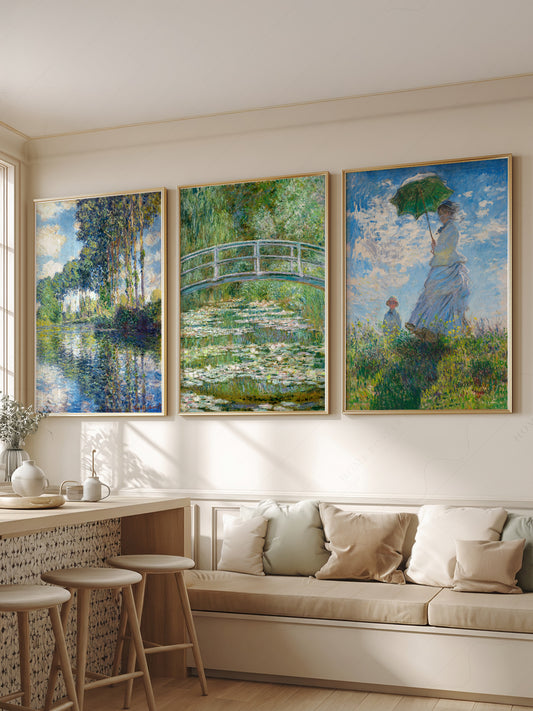 Claude Monet Set of 3 Prints wall art print displayed in a bright modern living room