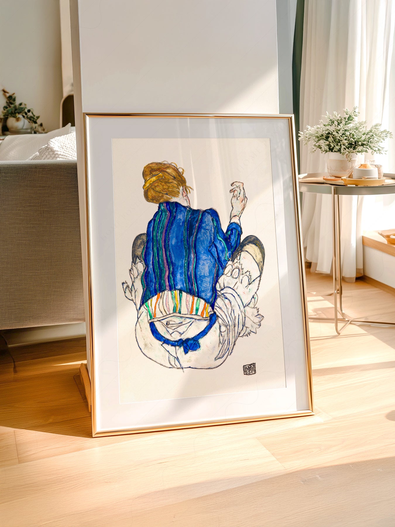 Egon Schiele art print styled in a Scandinavian bedroom