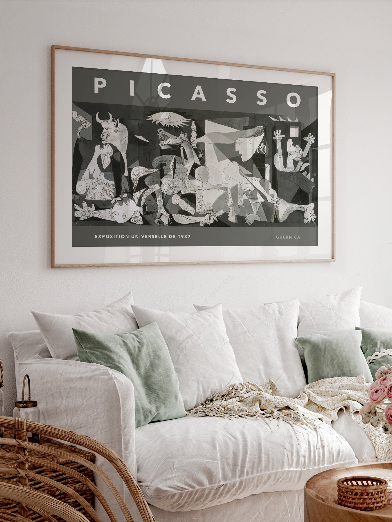 Pablo Picasso art print styled in a Scandinavian bedroom