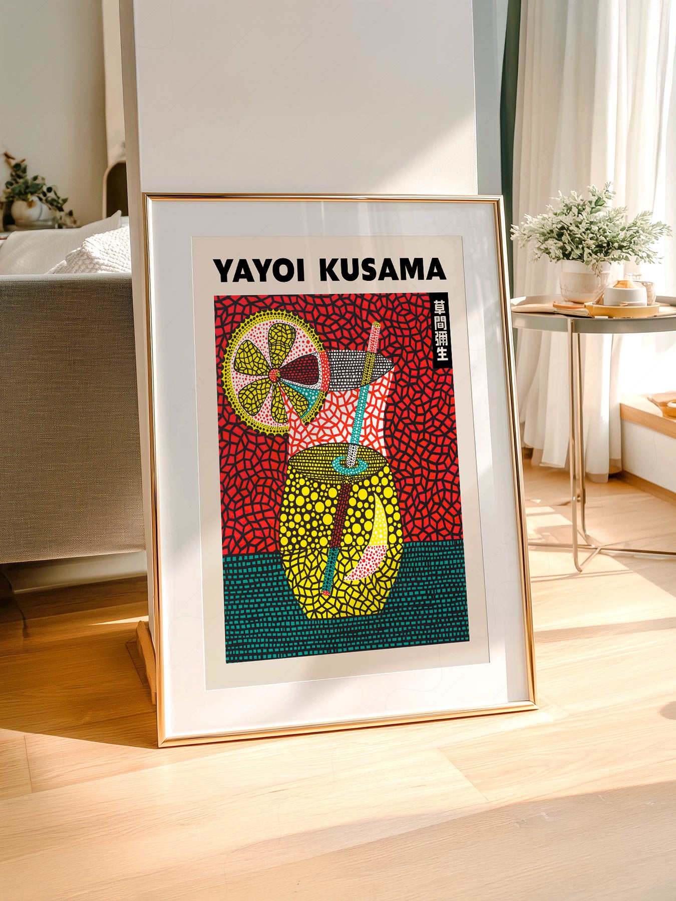 Yayoi Kusama art print styled in a Scandinavian bedroom