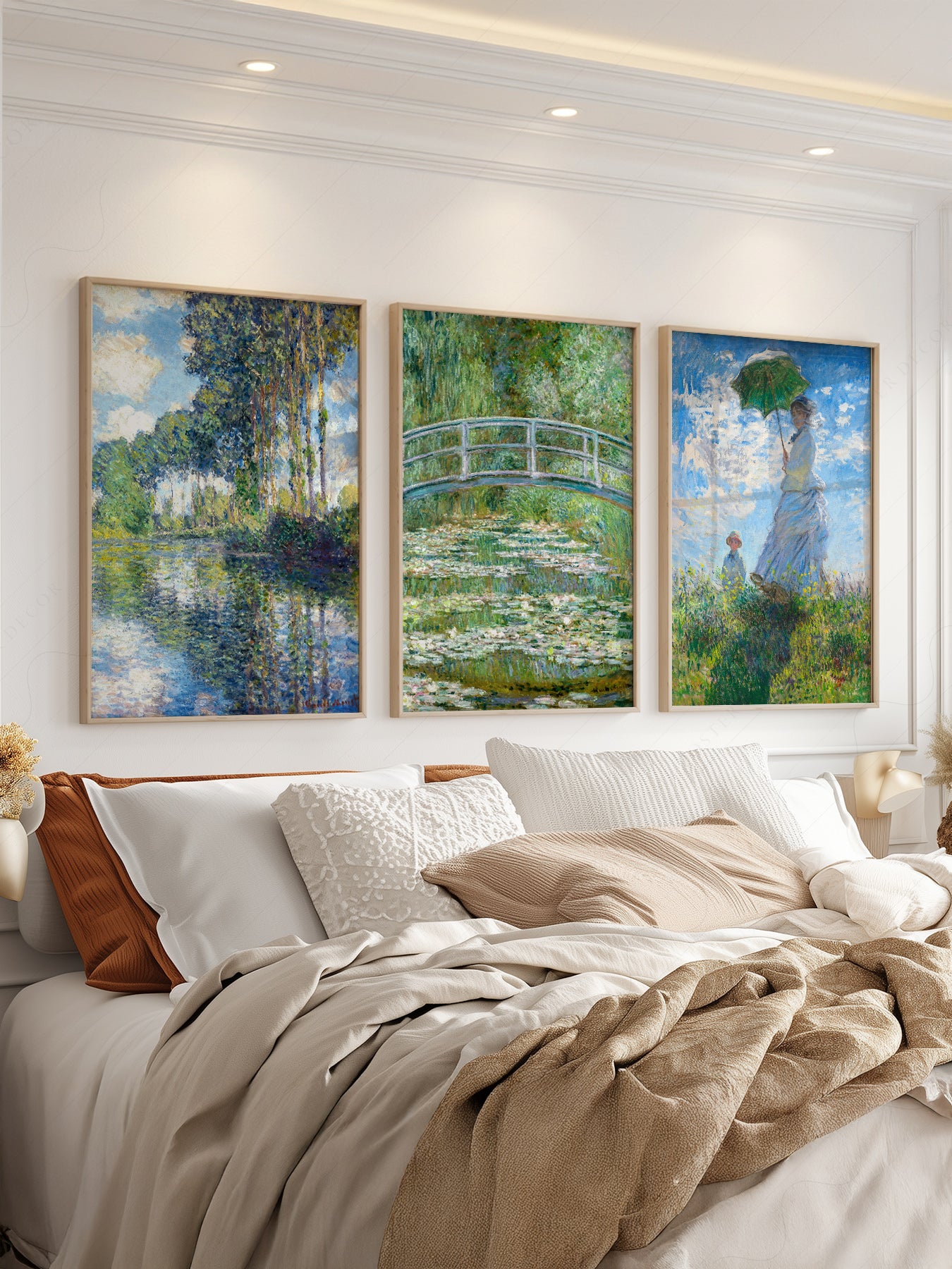 Claude Monet art print styled in a Scandinavian bedroom