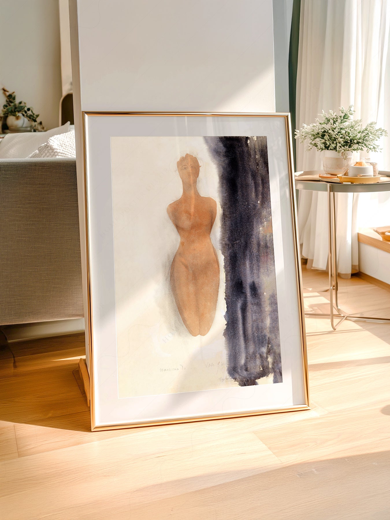 Auguste Rodin art print styled in a Scandinavian bedroom