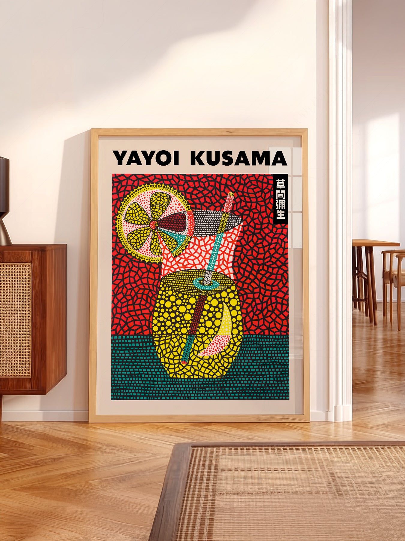 Yayoi Kusama wall art in a cozy home study or reading room
