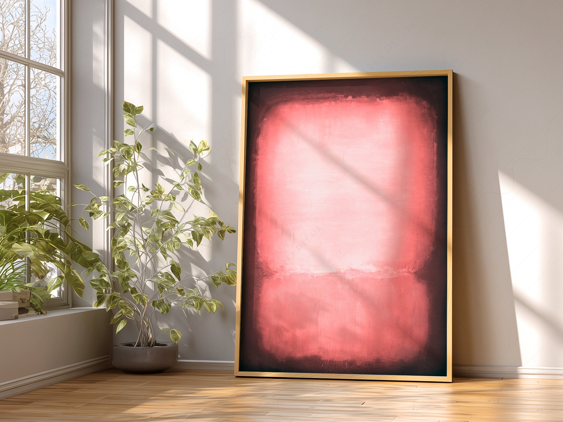 Mark Rothko Untitled Pink and Black print styled in a mid-century modern dining room