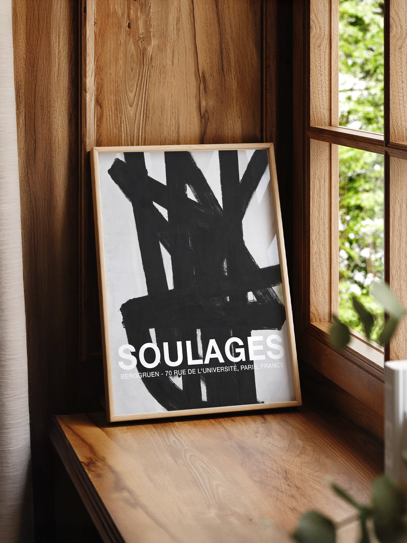 Pierre Soulages Berggruen Exhibition print styled in a mid-century modern dining room