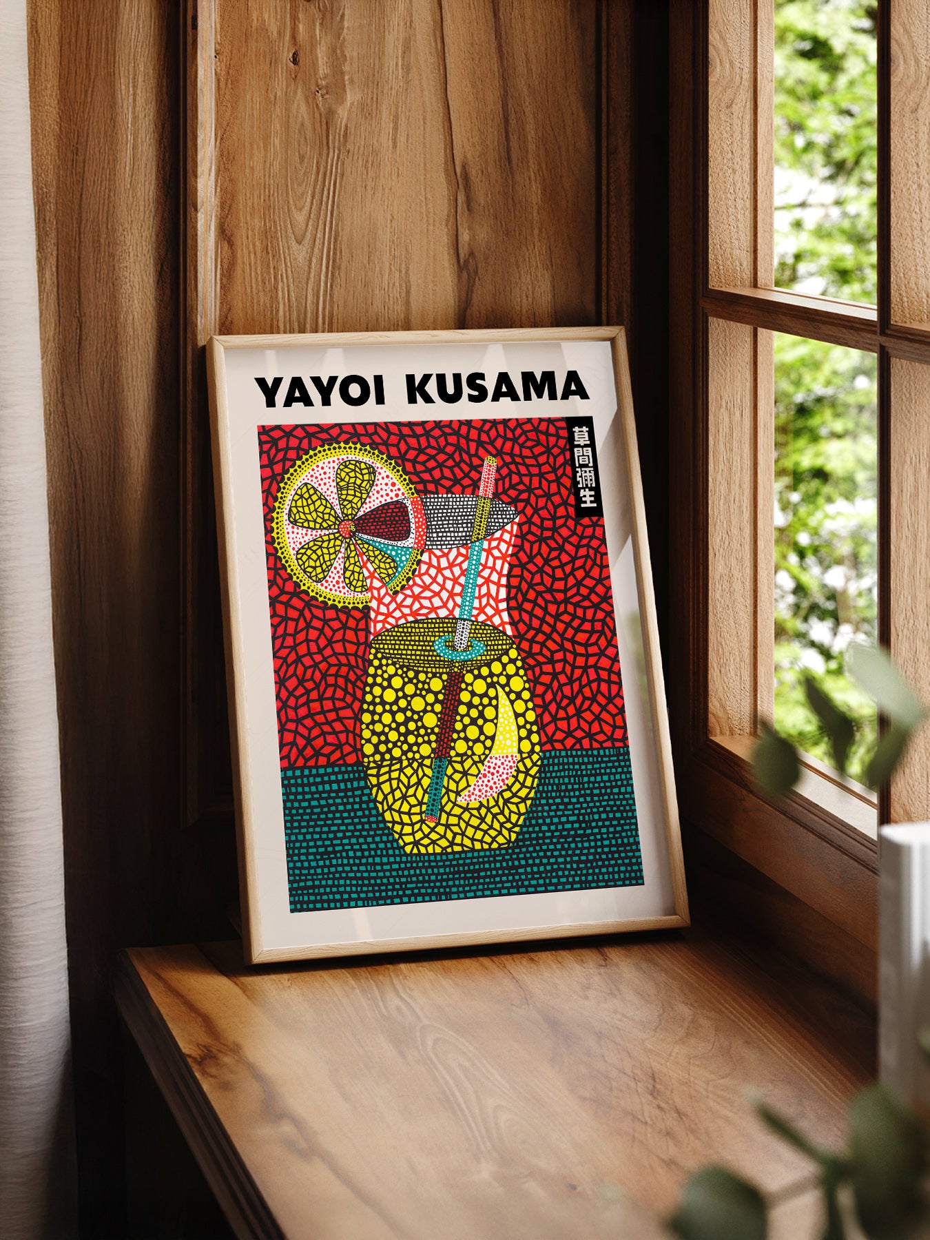 Yayoi Kusama Summer Cocktail print styled in a mid-century modern dining room