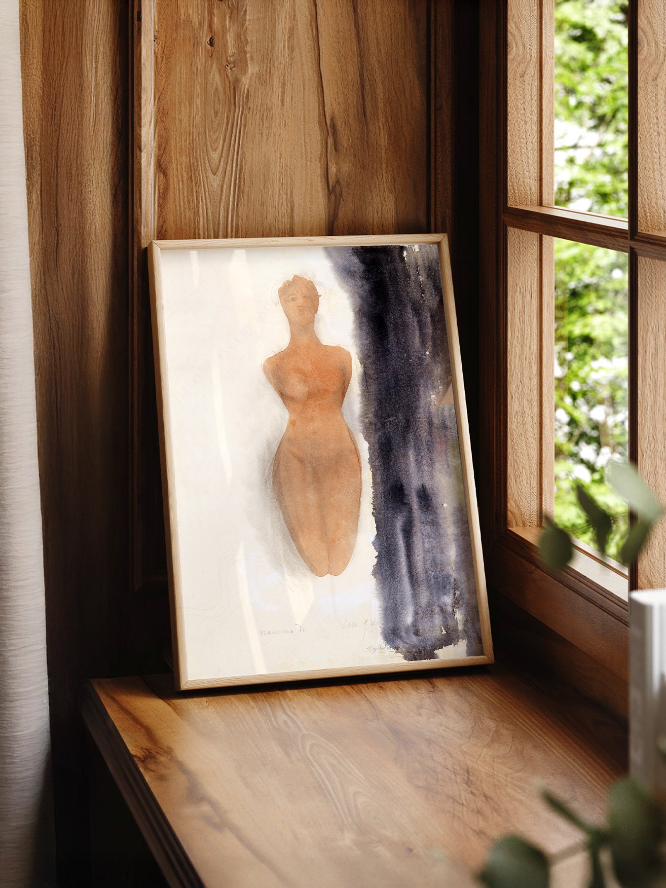 Auguste Rodin Nude Figure Watercolor print styled in a mid-century modern dining room