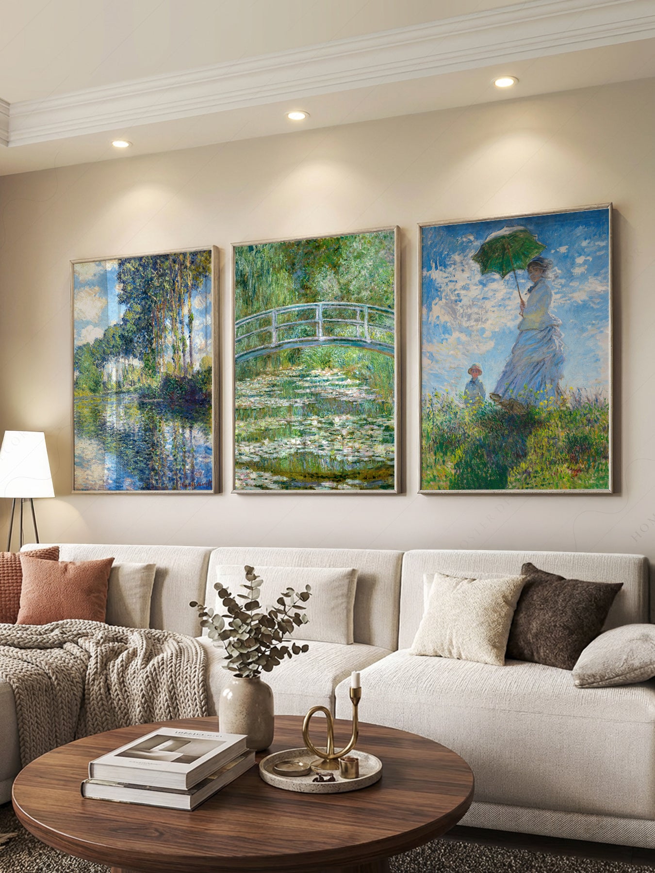 Claude Monet Set of 3 Prints print styled in a mid-century modern dining room