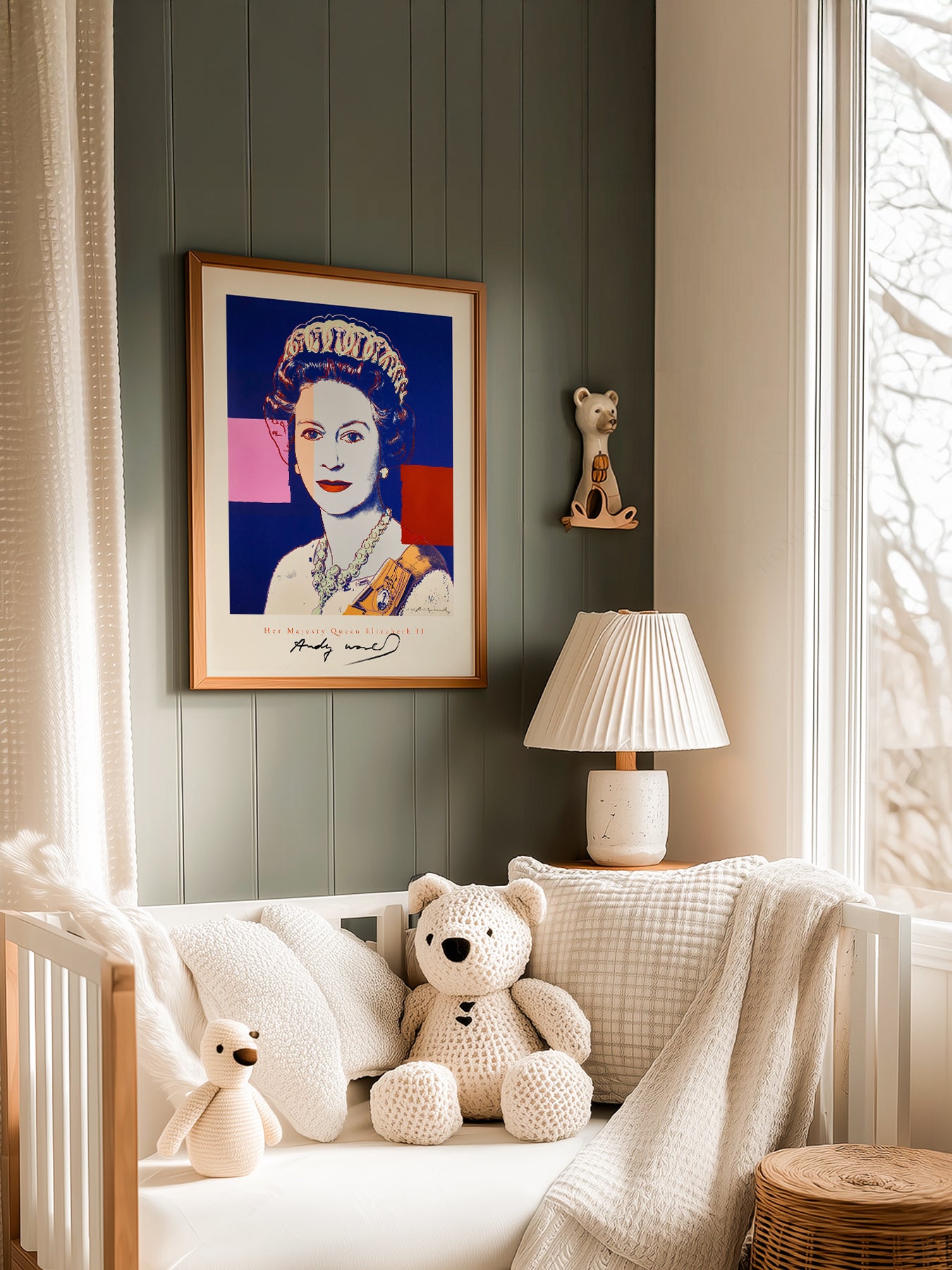 Andy Warhol Queen Elizabeth II Pop in a light-filled Japandi-inspired living space
