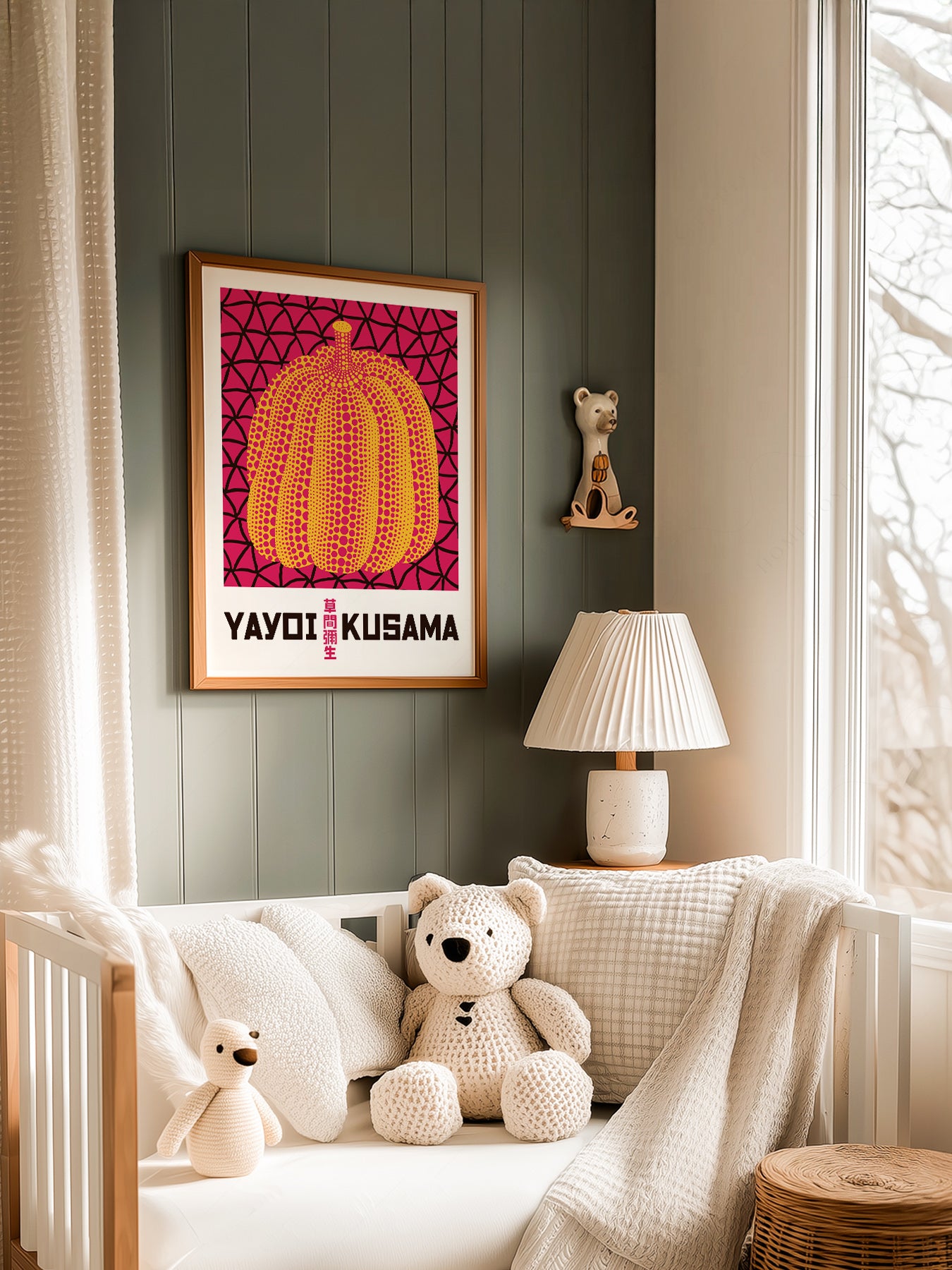 Yayoi Kusama Pumpkin in a light-filled Japandi-inspired living space