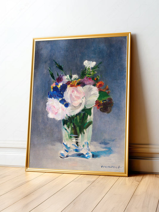 Édouard Manet Flowers in a Crystal Vase art print featuring pink roses and colorful blooms in Impressionist style.