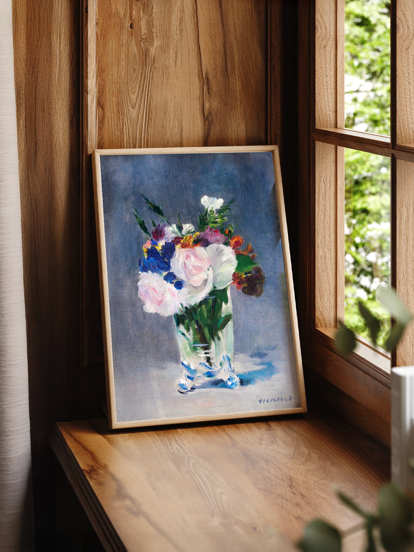 Édouard Manet Flowers in a Crystal Vase print styled in a mid-century modern dining room