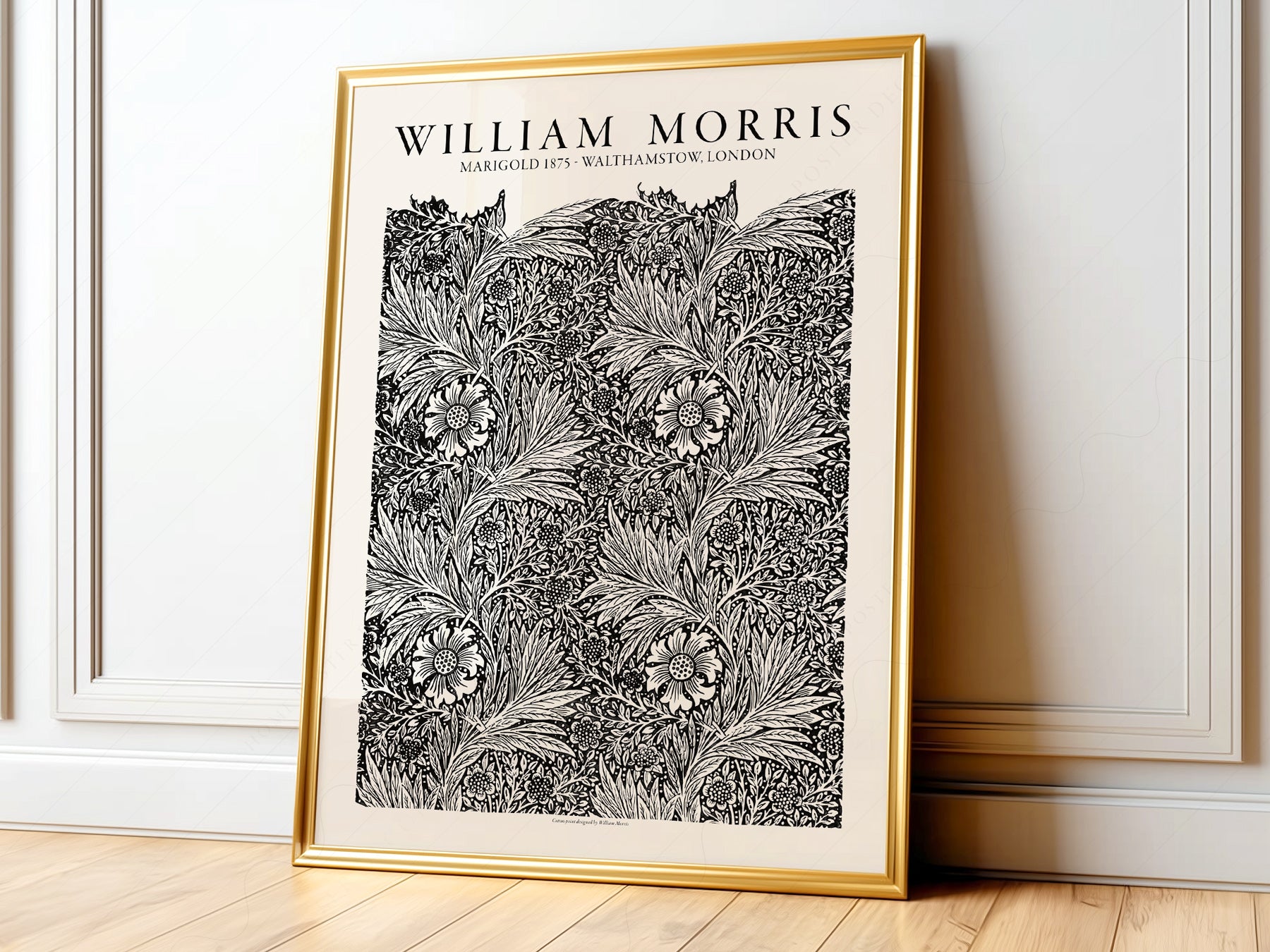 William Morris Marigold 1875 art print featuring intricate black and white botanical floral pattern wall art.