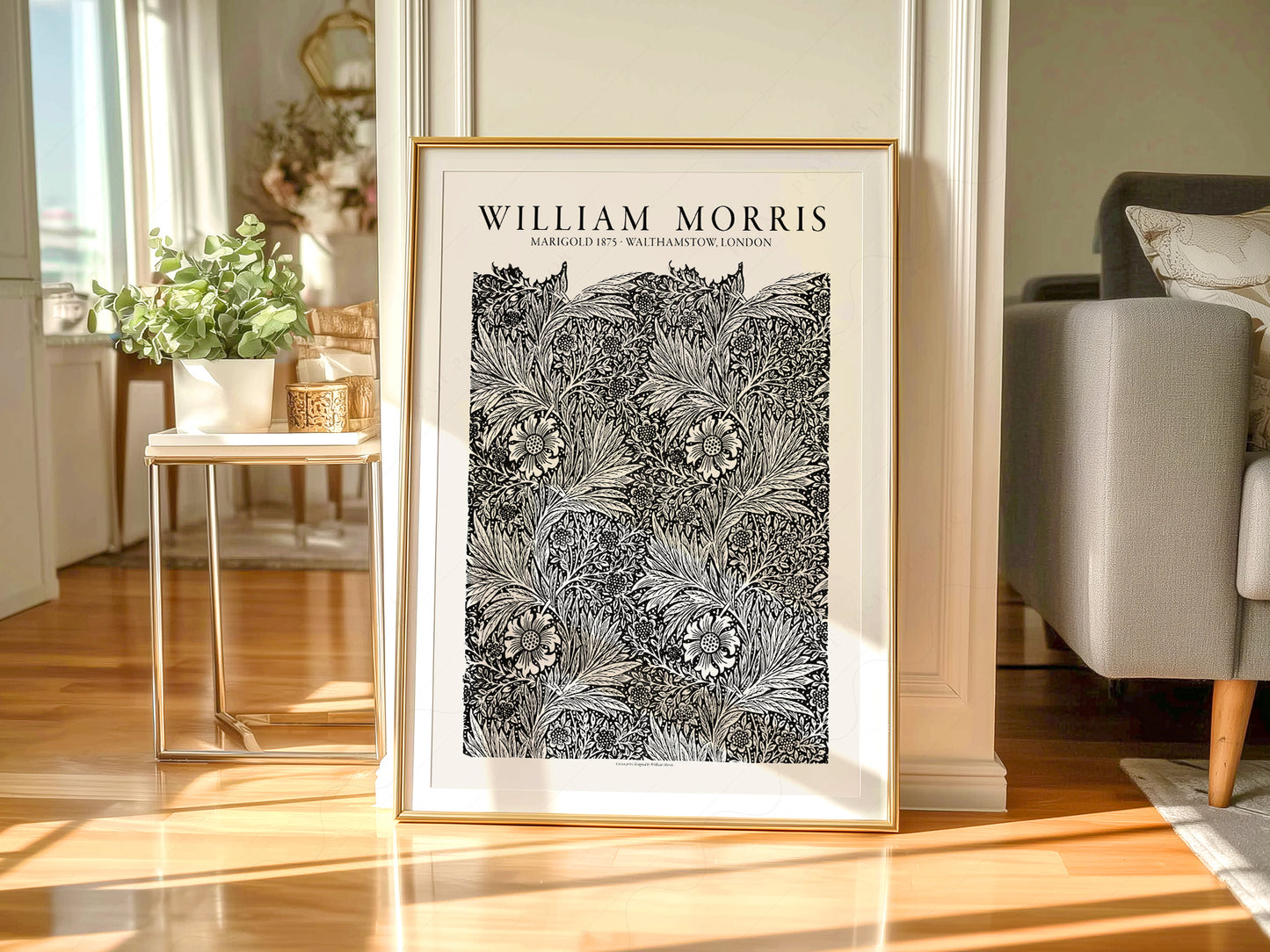 William Morris art print styled in a Scandinavian bedroom