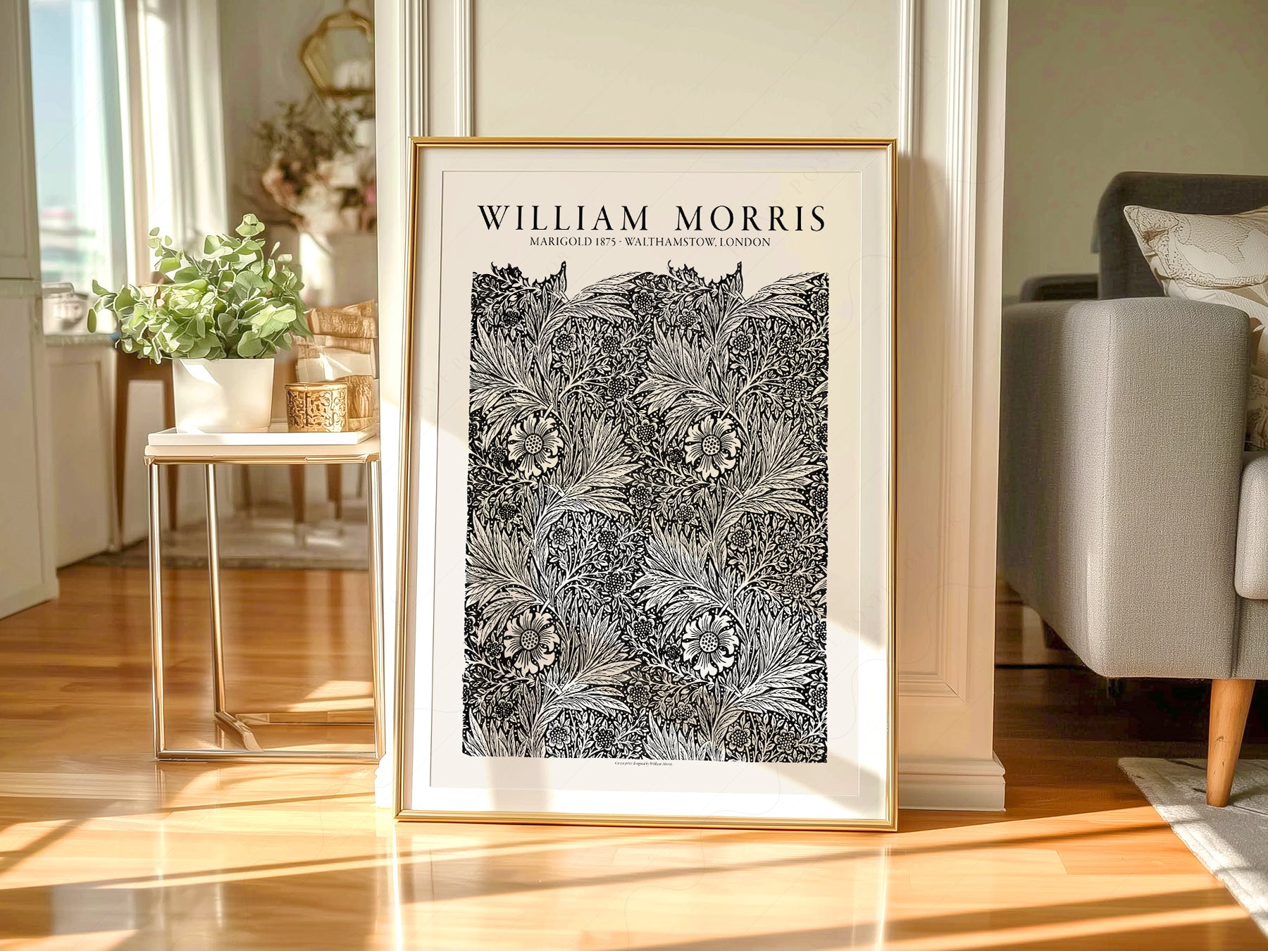 William Morris art print styled in a Scandinavian bedroom