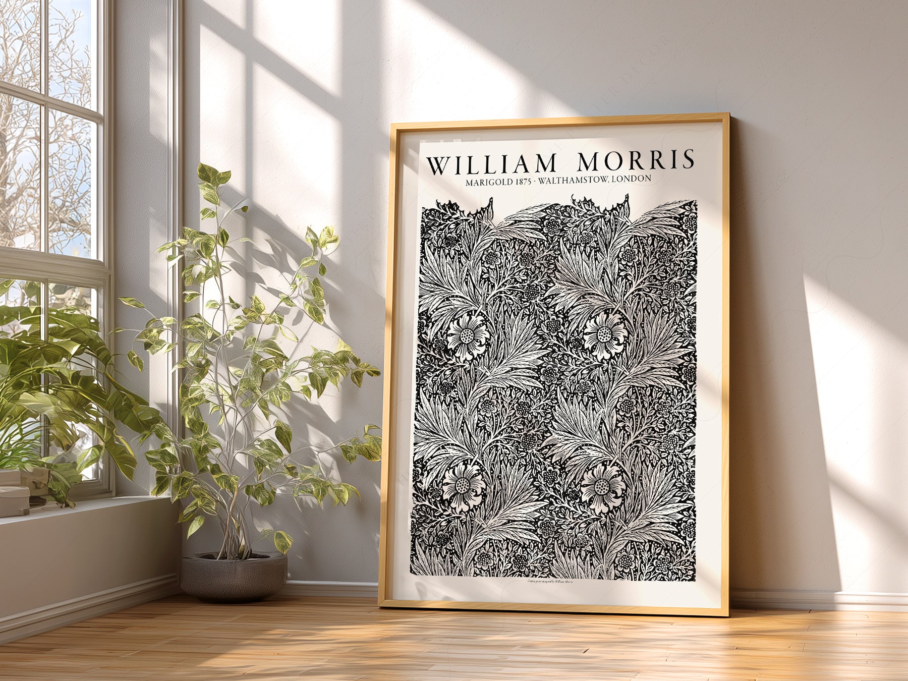 William Morris Marigold 1875 print styled in a mid-century modern dining room