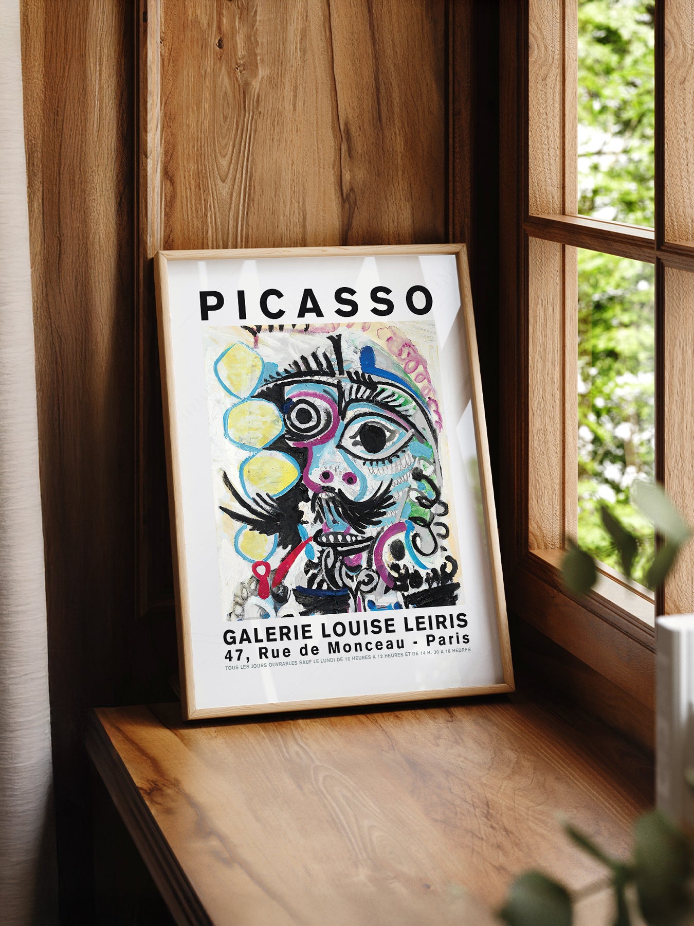 Pablo Picasso Galerie Louise Leiris print styled in a mid-century modern dining room