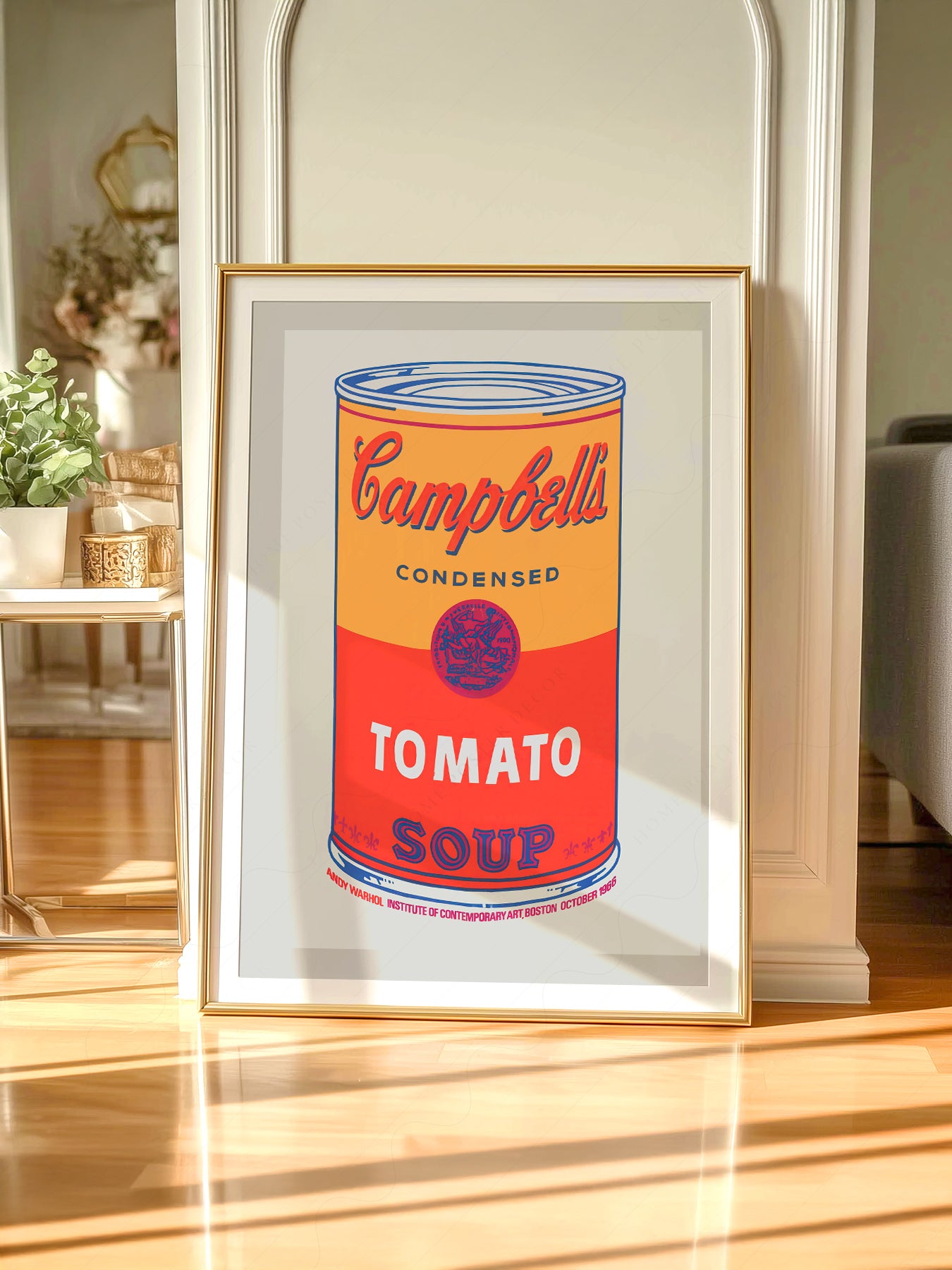 Gallery wall featuring Andy Warhol Campbell's Soup Tomato fine art print