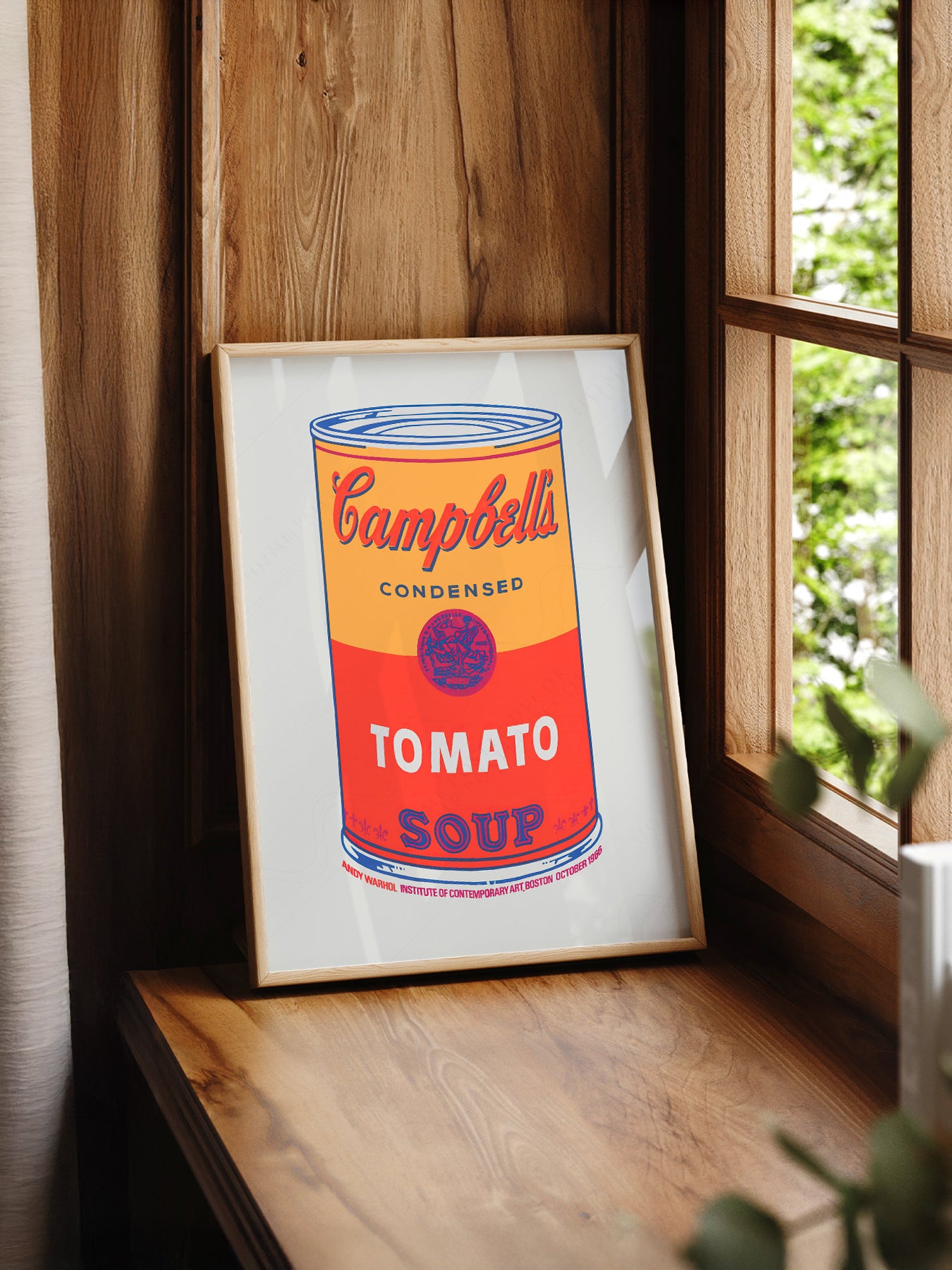 Andy Warhol Campbell's Soup Tomato print styled in a mid-century modern dining room
