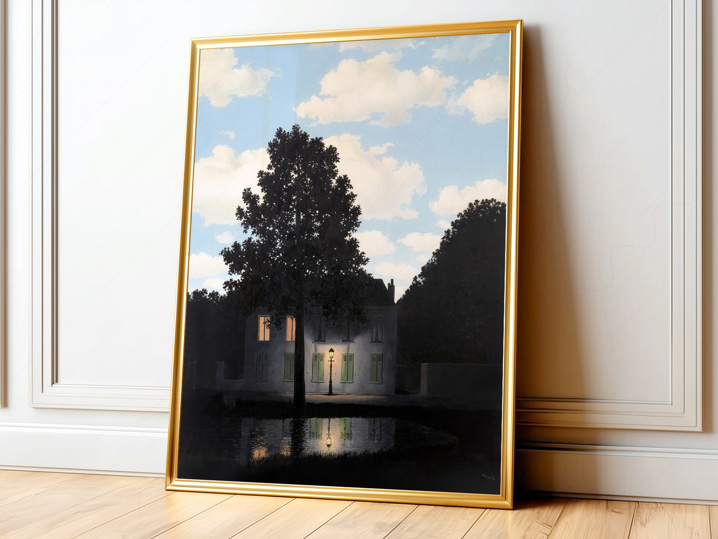 René Magritte Empire of Light surrealist wall art print featuring a dark house beneath a bright daytime sky.