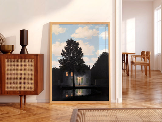 René Magritte Empire of Light wall art print displayed in a bright modern living room