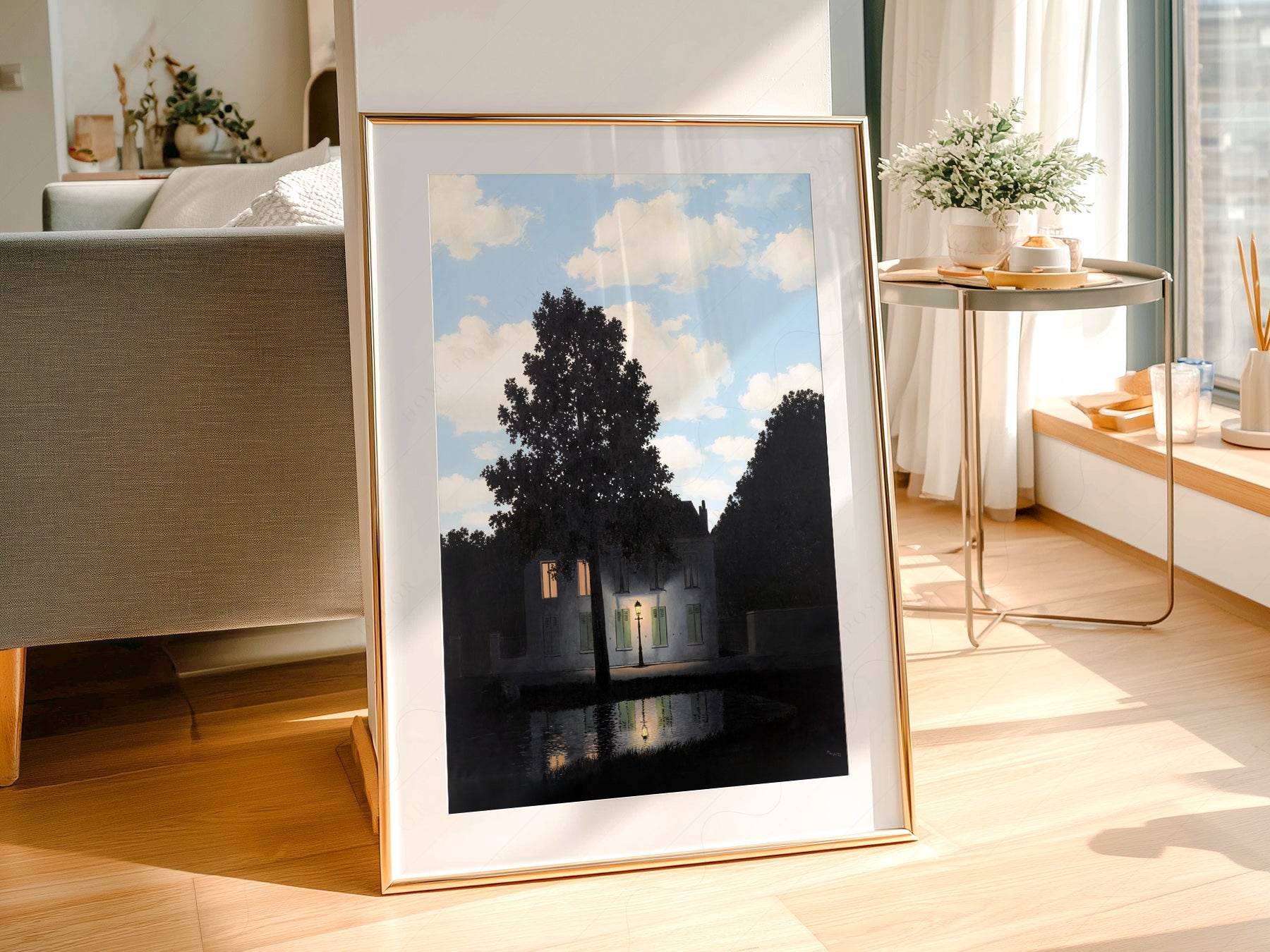 René Magritte art print styled in a Scandinavian bedroom