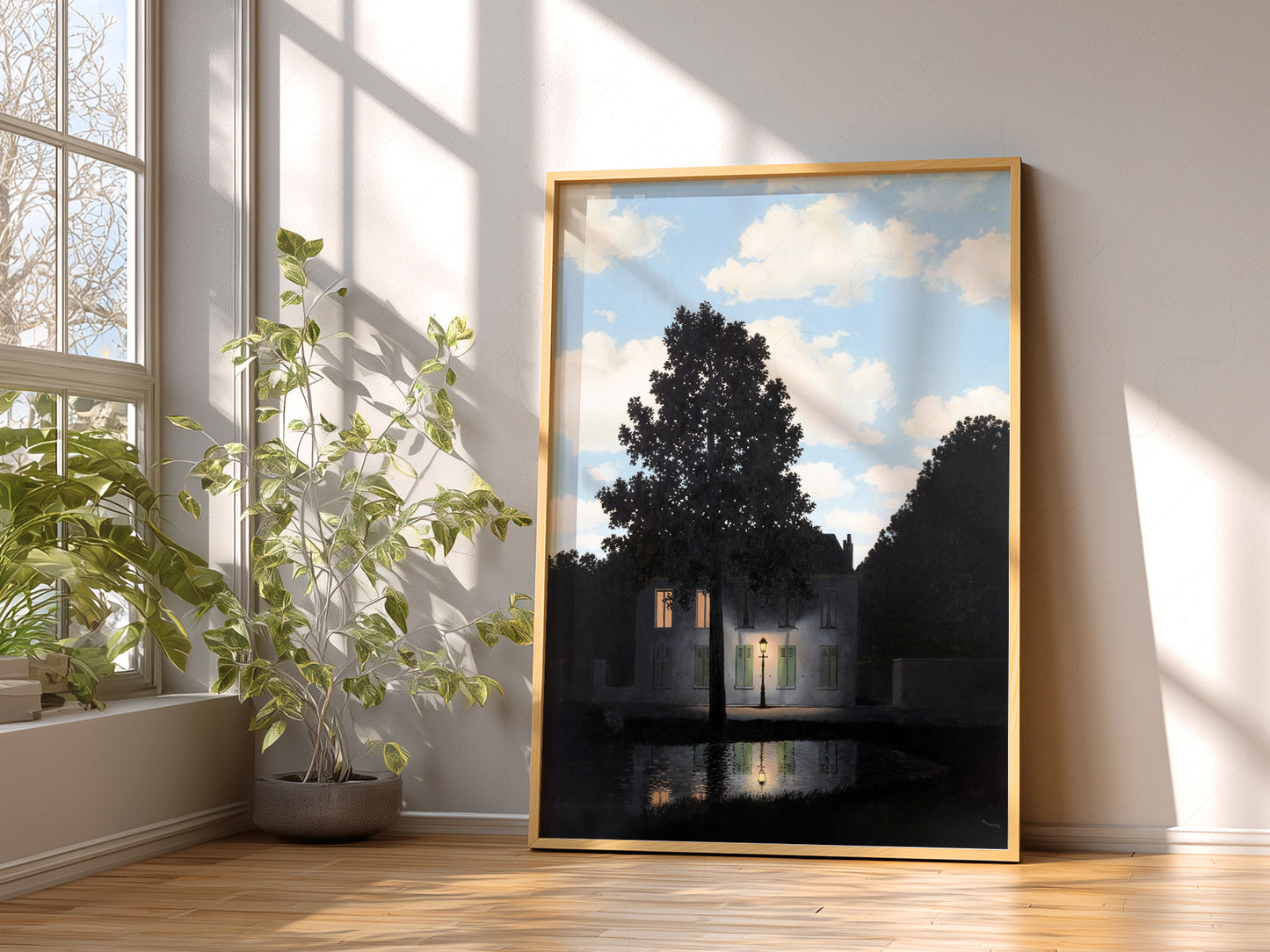 René Magritte wall art in a cozy home study or reading room