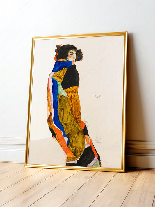 Egon Schiele Moa art print featuring expressionist female figure in colorful draped clothing on cream background.