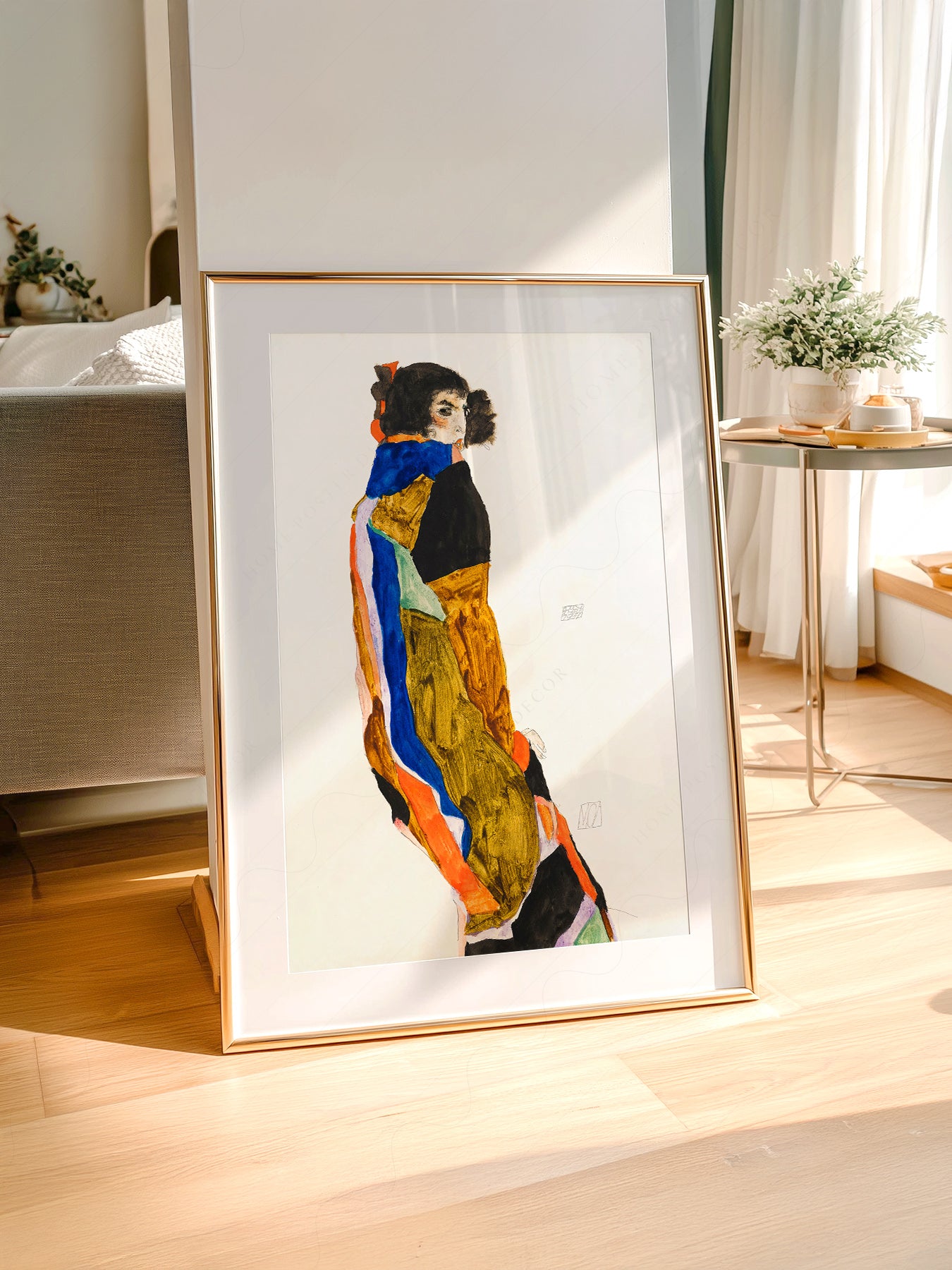 Egon Schiele art print styled in a Scandinavian bedroom