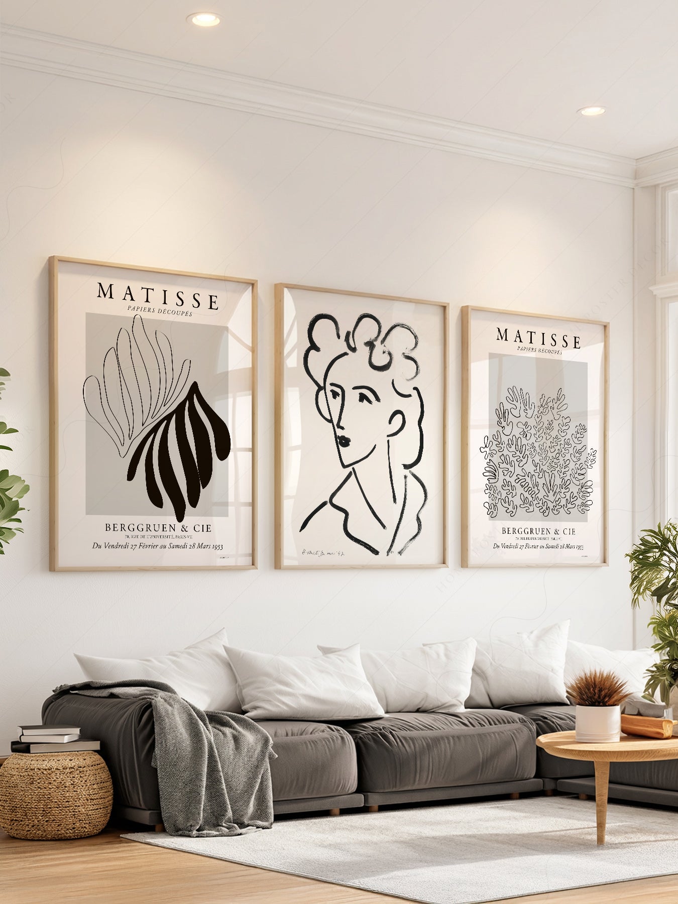 Henri Matisse gallery wall set of three art prints featuring cut-out shapes and line drawings in neutral tones.