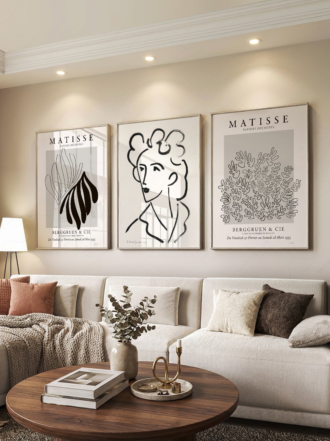 Henri Matisse Gallery Wall Set of 3 print styled in a mid-century modern dining room