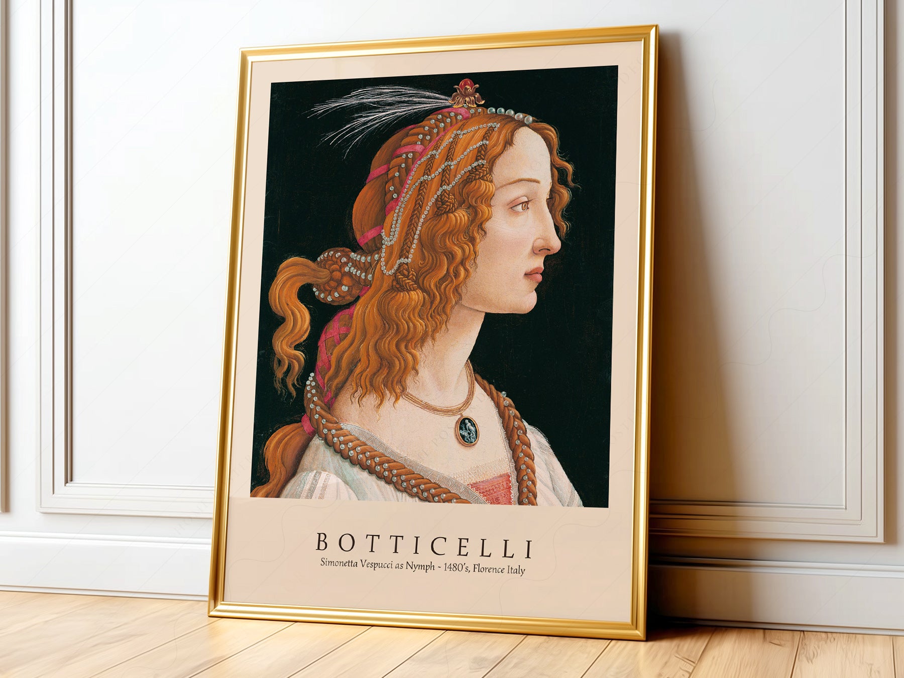 A vertical museum-style art poster featuring a profile portrait of a woman with intricate braided hair and pearls, identified as Simonetta Vespucci as a Nymph by Sandro Botticelli (1480s). The name 'BOTTICELLI' and the location 'Florence Italy' are printed in clean serif typography at the bottom.