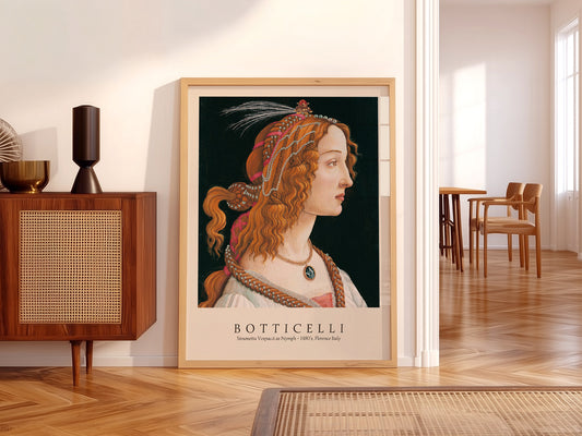 Sandro Botticelli Simonetta Vespucci wall art print displayed in a bright modern living room