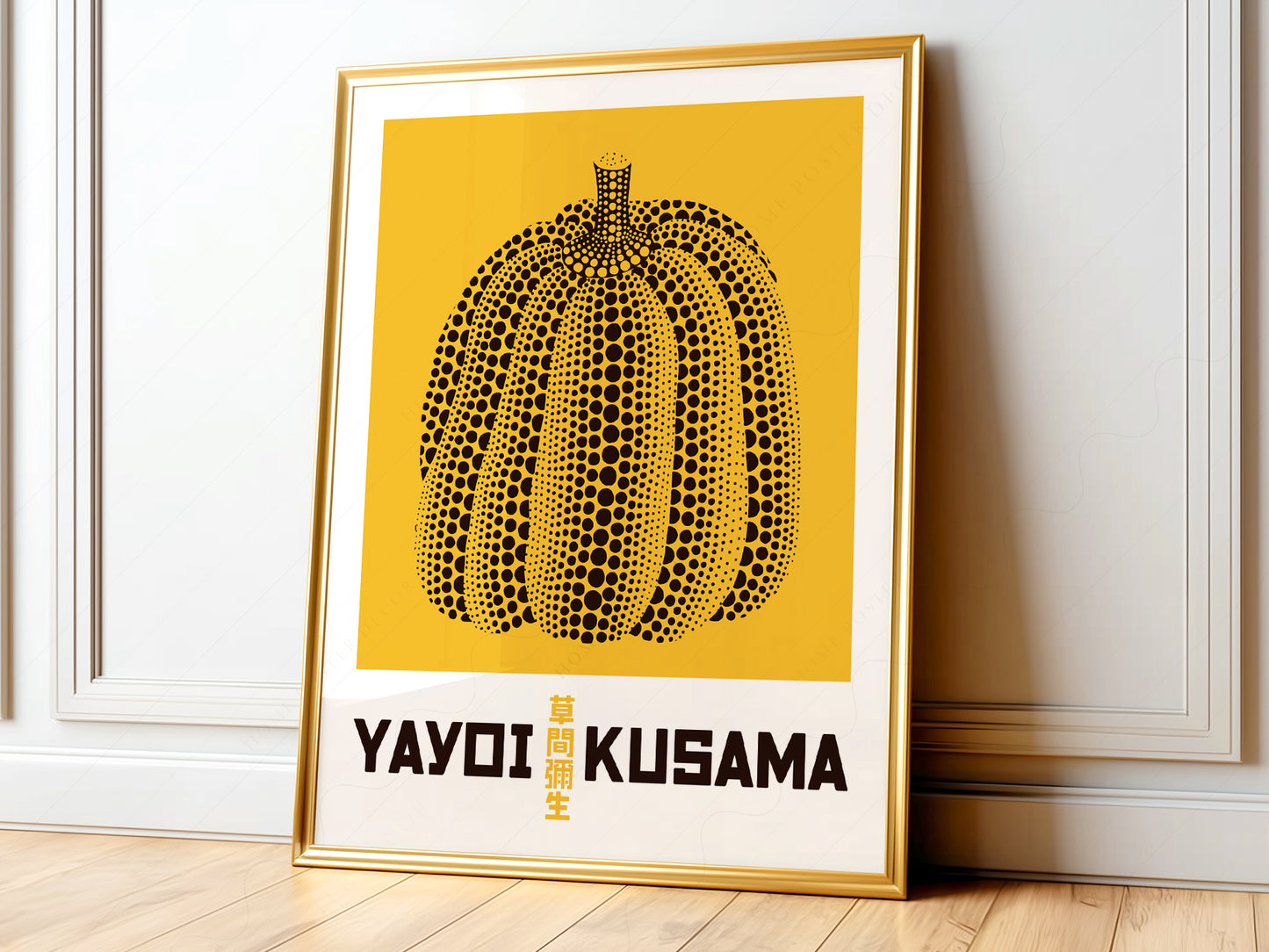 Yayoi Kusama Yellow Pumpkin art print featuring iconic black polka dots on vibrant yellow contemporary wall art poster.