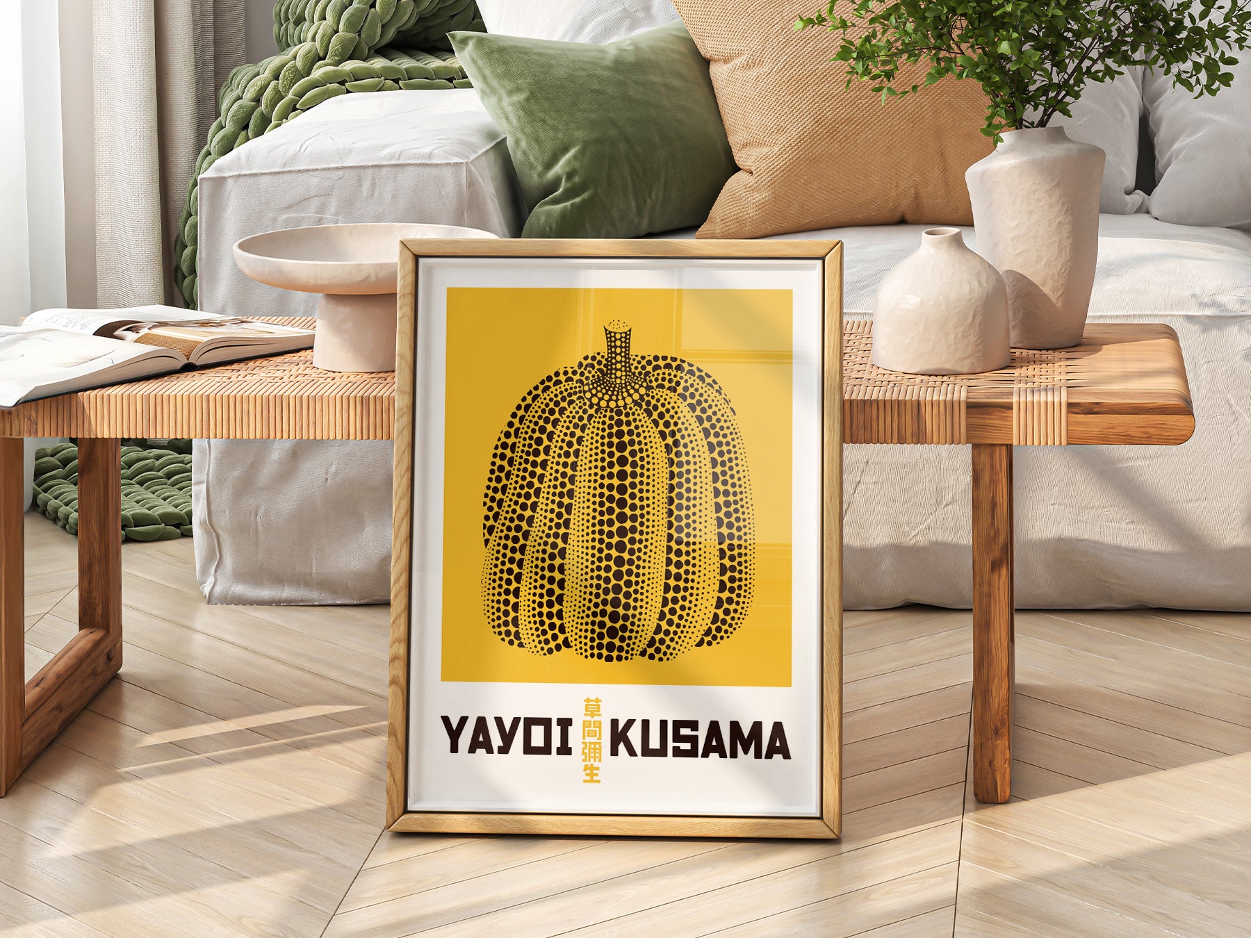 Yayoi Kusama art print as wall decor in a minimalist home office