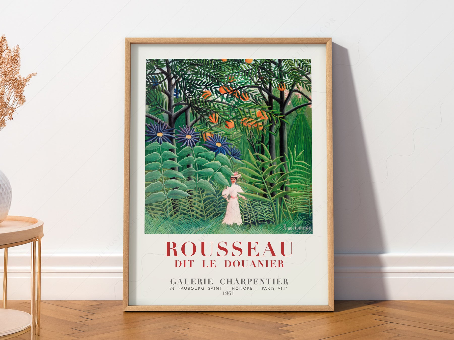 Henri Rousseau art print as wall decor in a minimalist home office