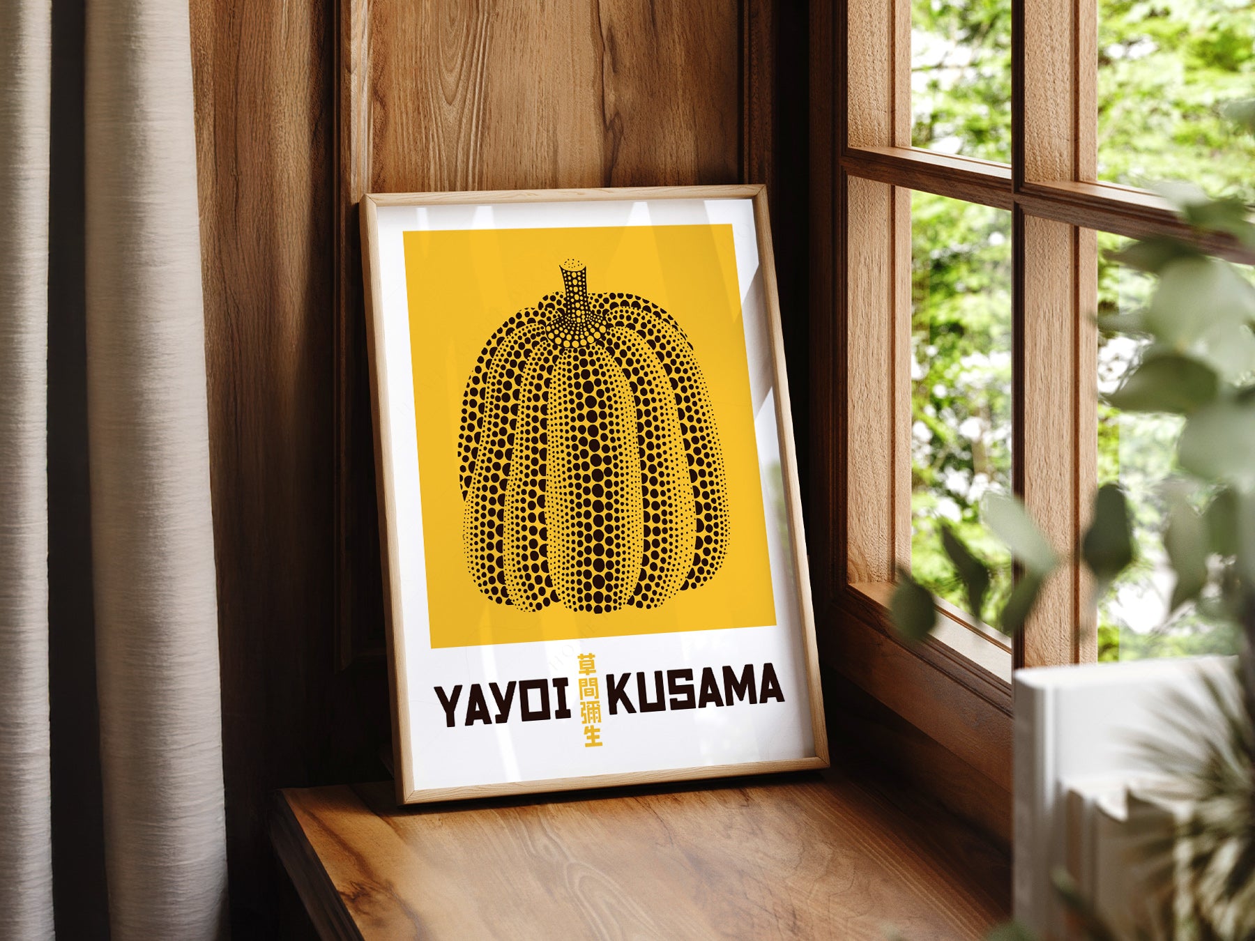 Yayoi Kusama Yellow Pumpkin in a light-filled Japandi-inspired living space