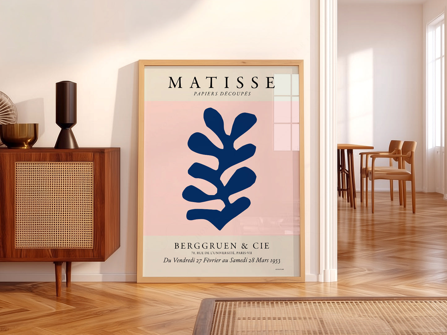 Henri Matisse, The Cut-outs Serie, Exhibition poster, Pink background and navy blue leaf