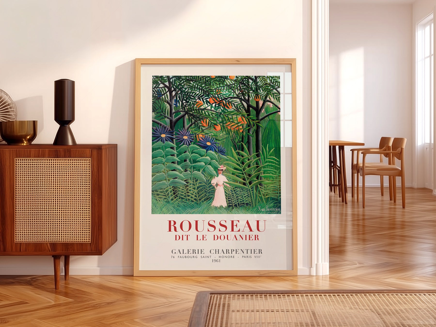 Henri Rousseau Woman Walking in an wall art print displayed in a bright modern living room