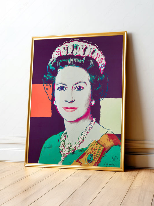Andy Warhol Queen Elizabeth II pop art print with bold purple, teal, and coral colors in iconic portrait style.