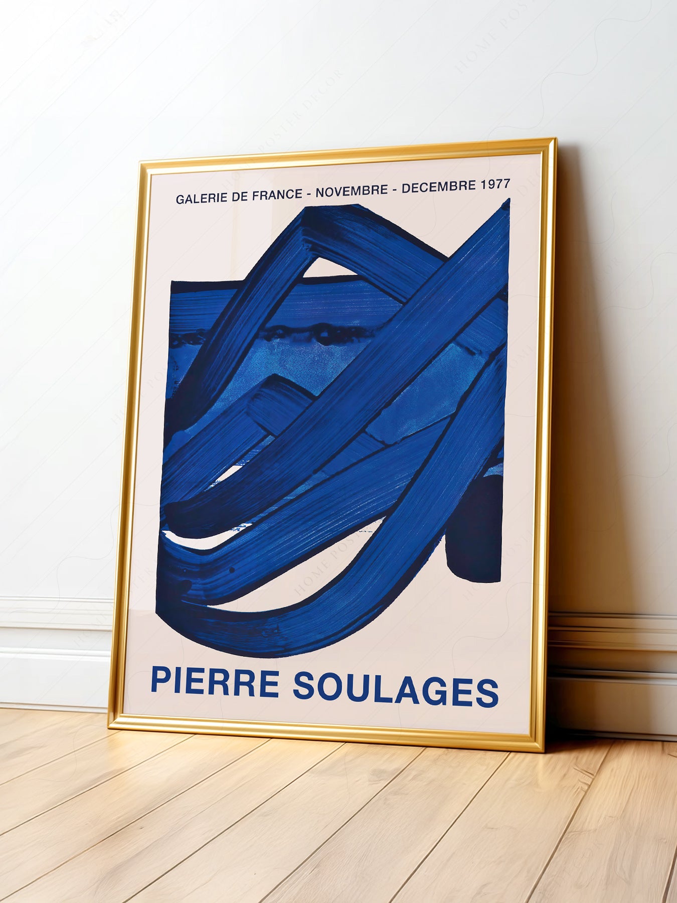 Pierre Soulages Galerie de France 1977 exhibition art print featuring bold blue gestural brushstrokes on white.
