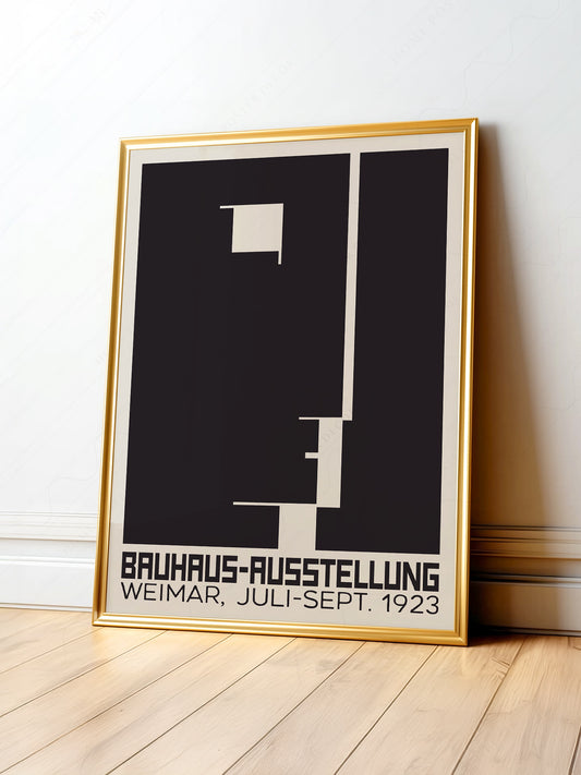 Bauhaus Ausstellung 1923 Weimar exhibition poster with bold black and cream geometric abstraction wall art print.
