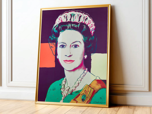 Andy Warhol Queen Elizabeth II pop art print with bold purple, teal, and coral colors in iconic portrait style.